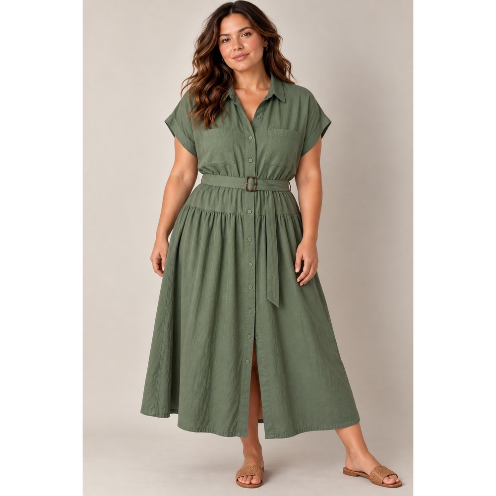 Universal Thread Green Linen Blend Button Front Utility Midi Shirt Dress, XL
